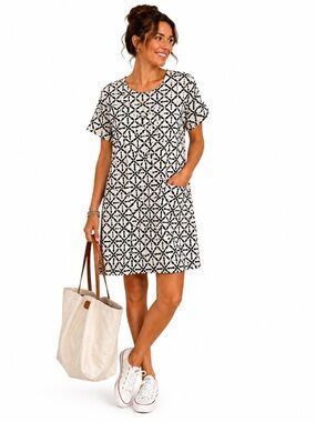 Boden Black White Geometric Shift Dress Pockets Short Sleeve Womens Size 8